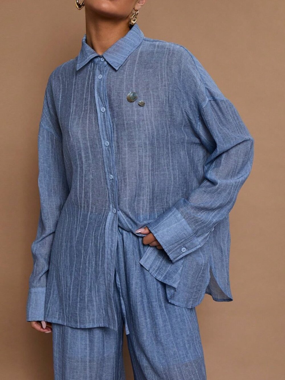 Baby Blue Casual Women's Long Sleeve Blouse - Picture 3 of 8